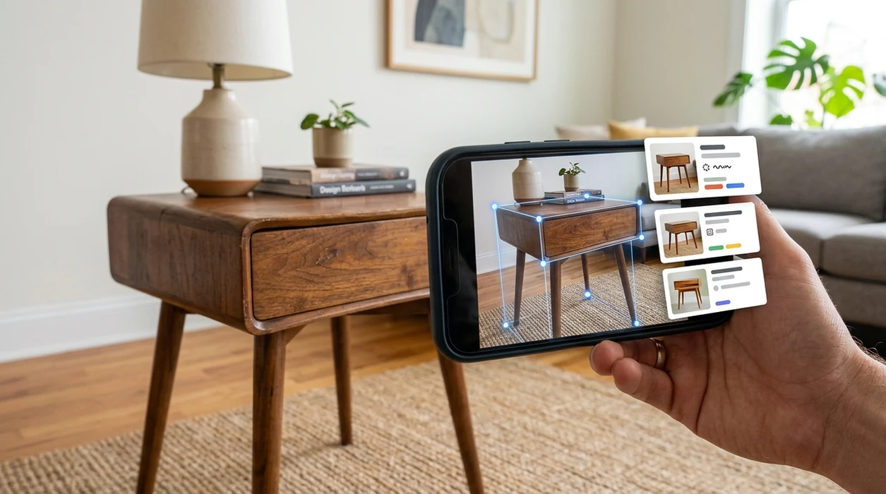 Furniture photo scanner identifying a wooden dining chair indoors