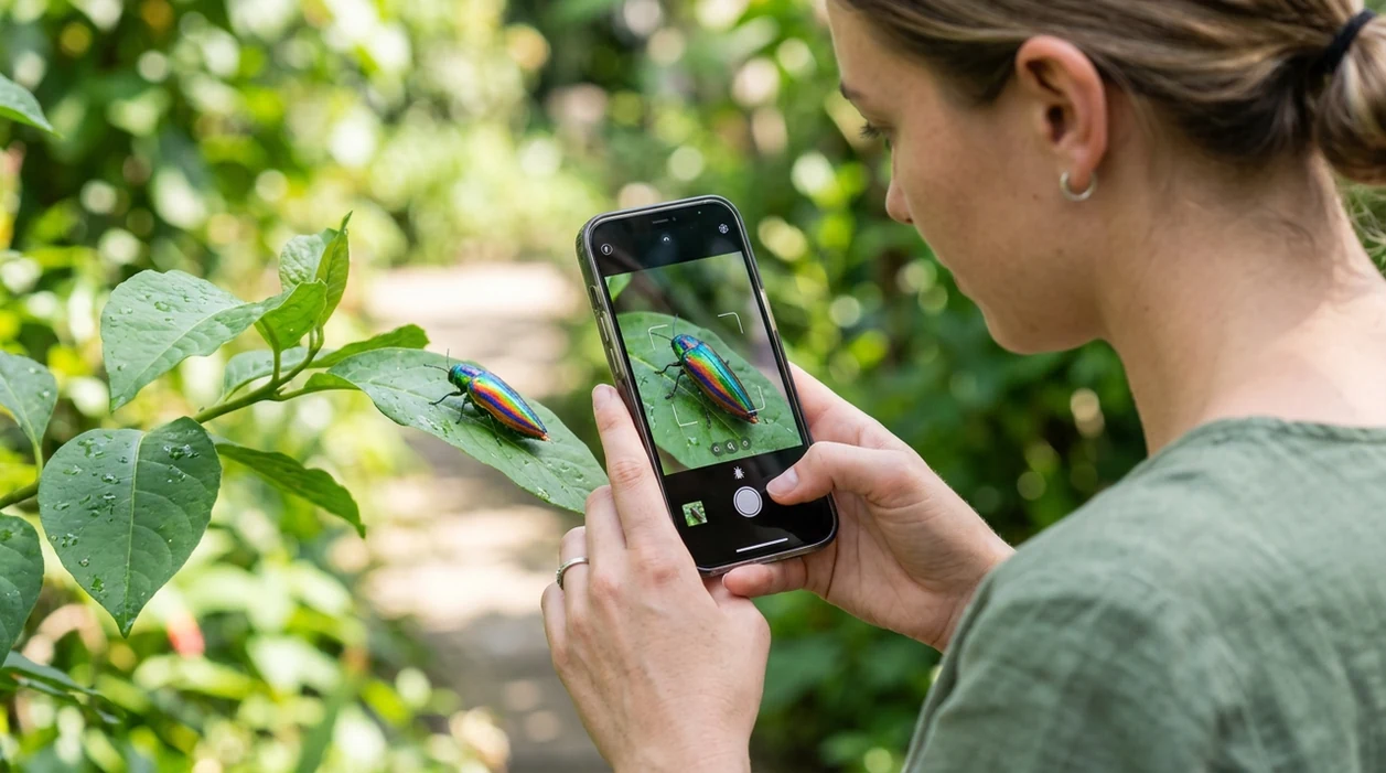 App that identifies insects scanning a beetle on a garden leaf