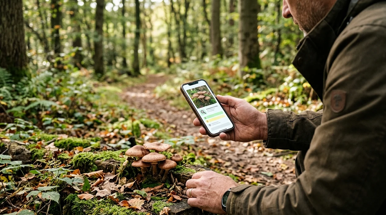 App that identifies mushrooms scanning fungi on a forest floor