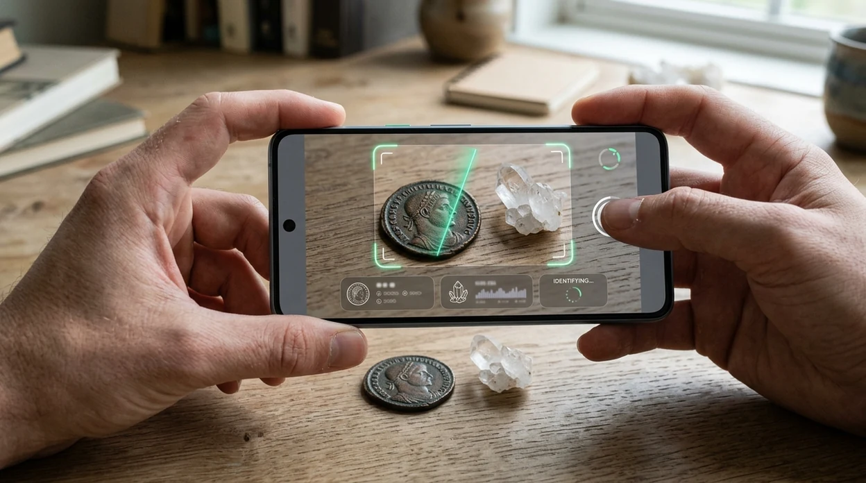 Object scanner showing results for a coin and crystal