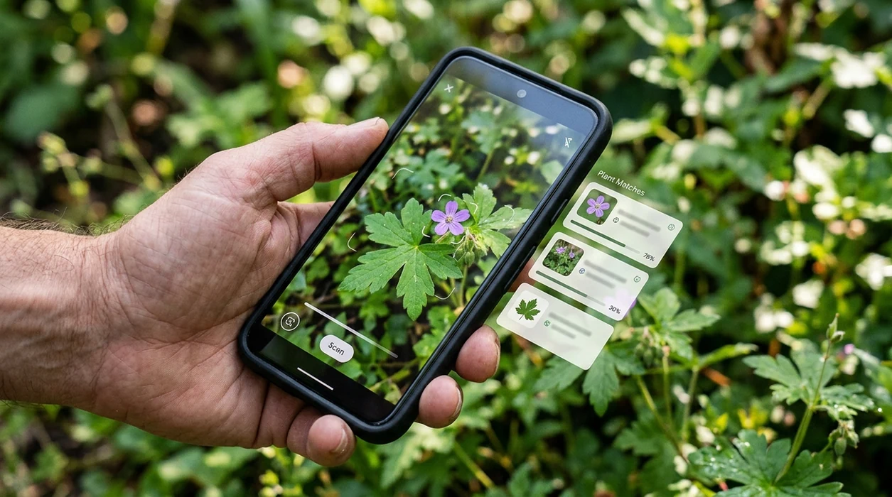 Phone scanner showing likely plant matches from a garden photo