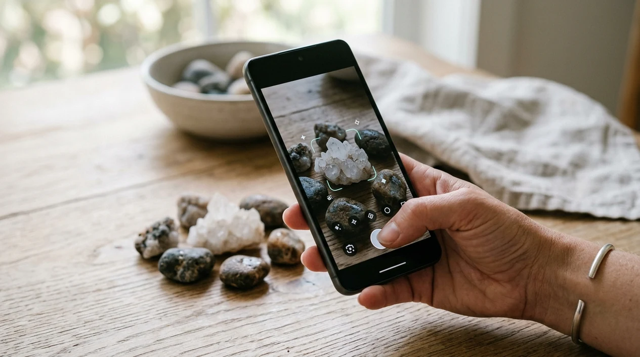 Rock photo scanner matching a crystal specimen with similar stones