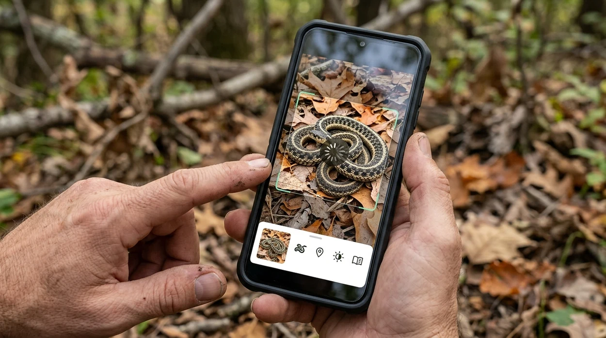 Snake photo scanner showing visual match results on a phone