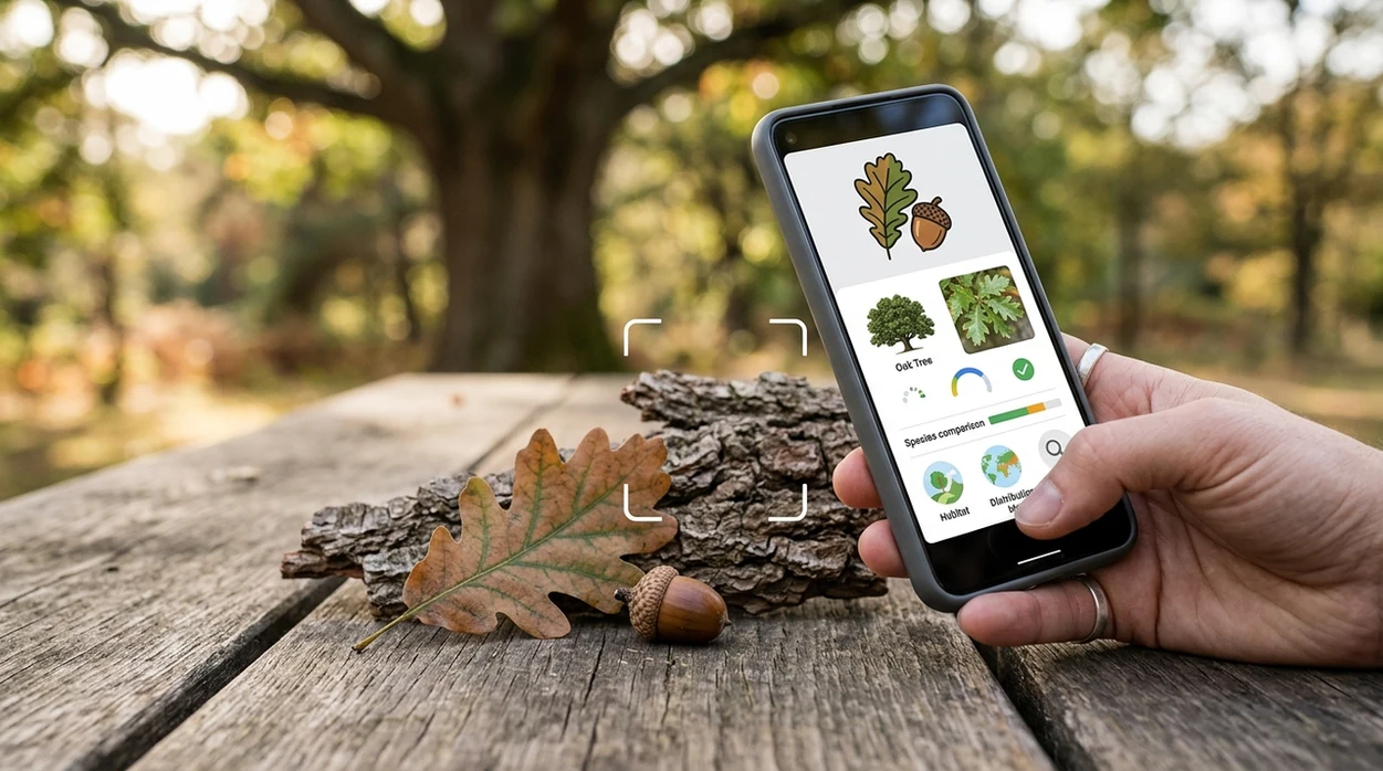 Tree identifier scanning oak leaf and bark from a phone