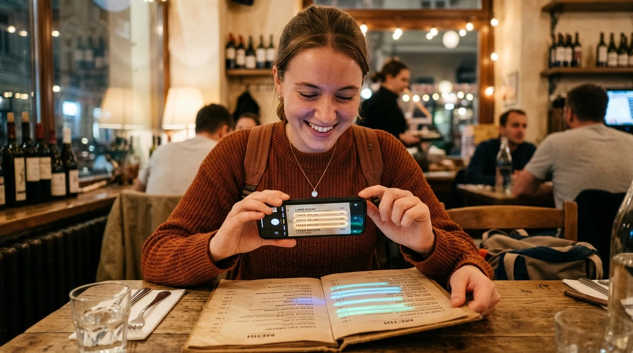 Traveler using app that translates with camera on a restaurant menu
