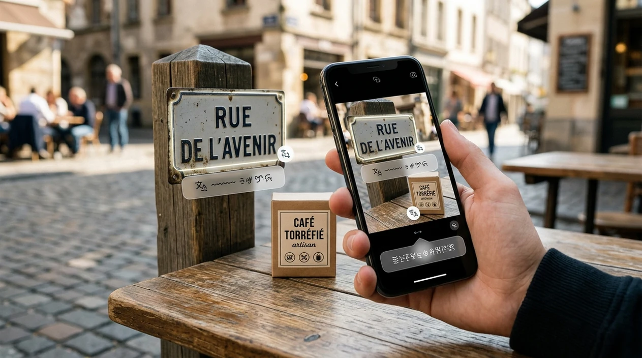 Phone camera translating travel signs and product labels