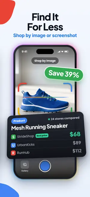 Lens AI app screen: find a product for less by image