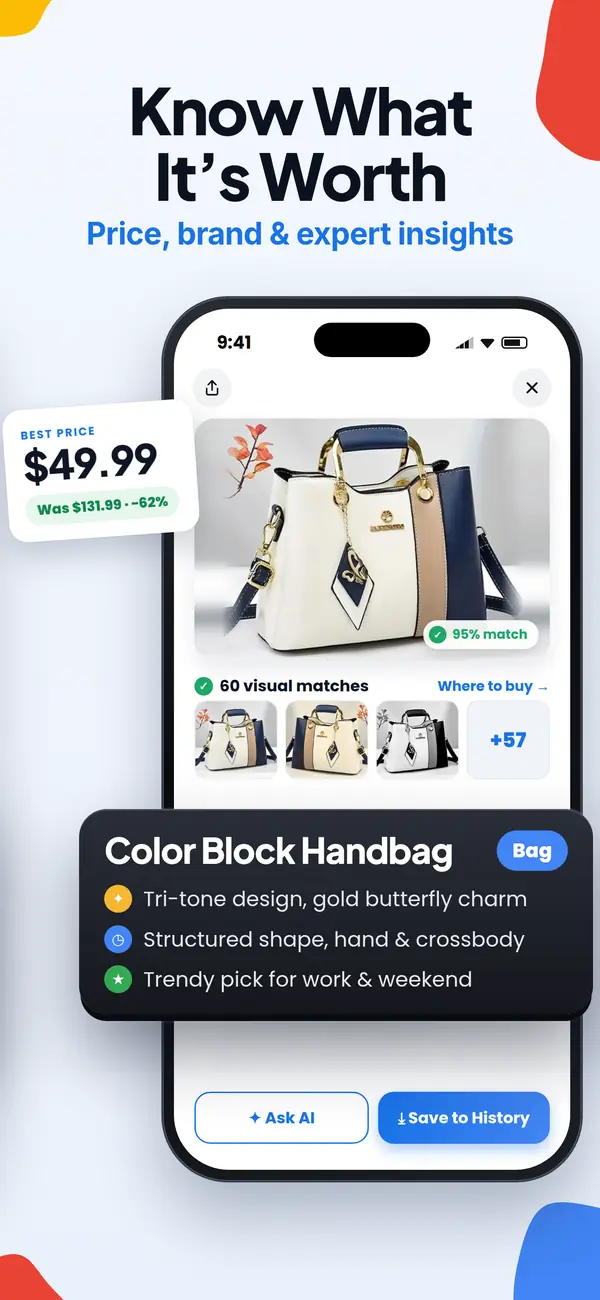 Lens AI app screen: see what an item is worth, with price and brand details