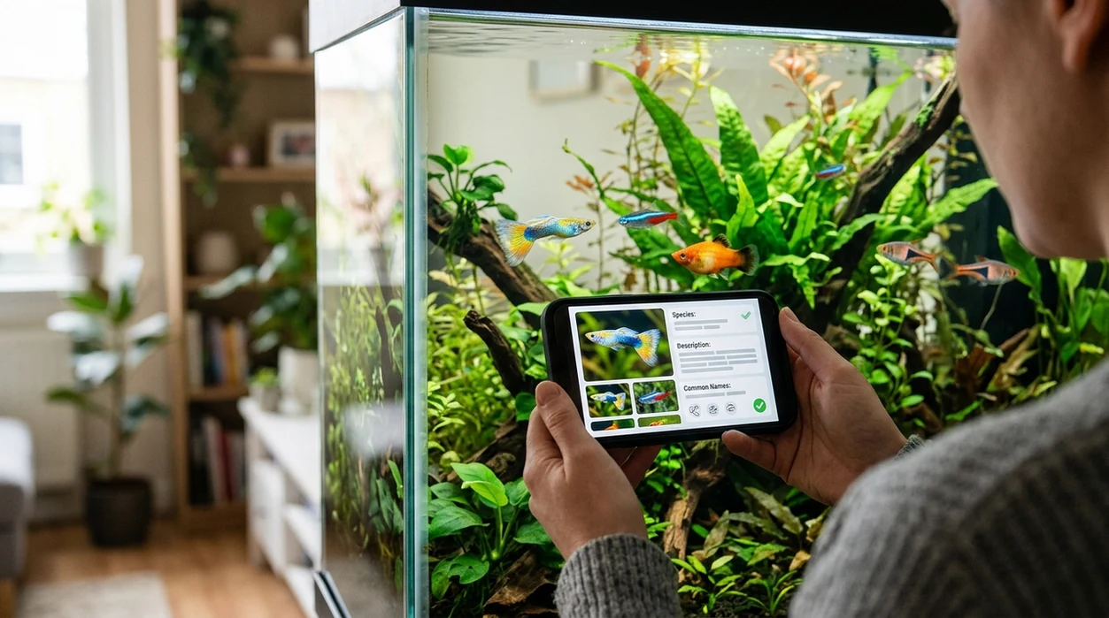 Aquarium fish identifier scanning a colorful tank fish from a phone