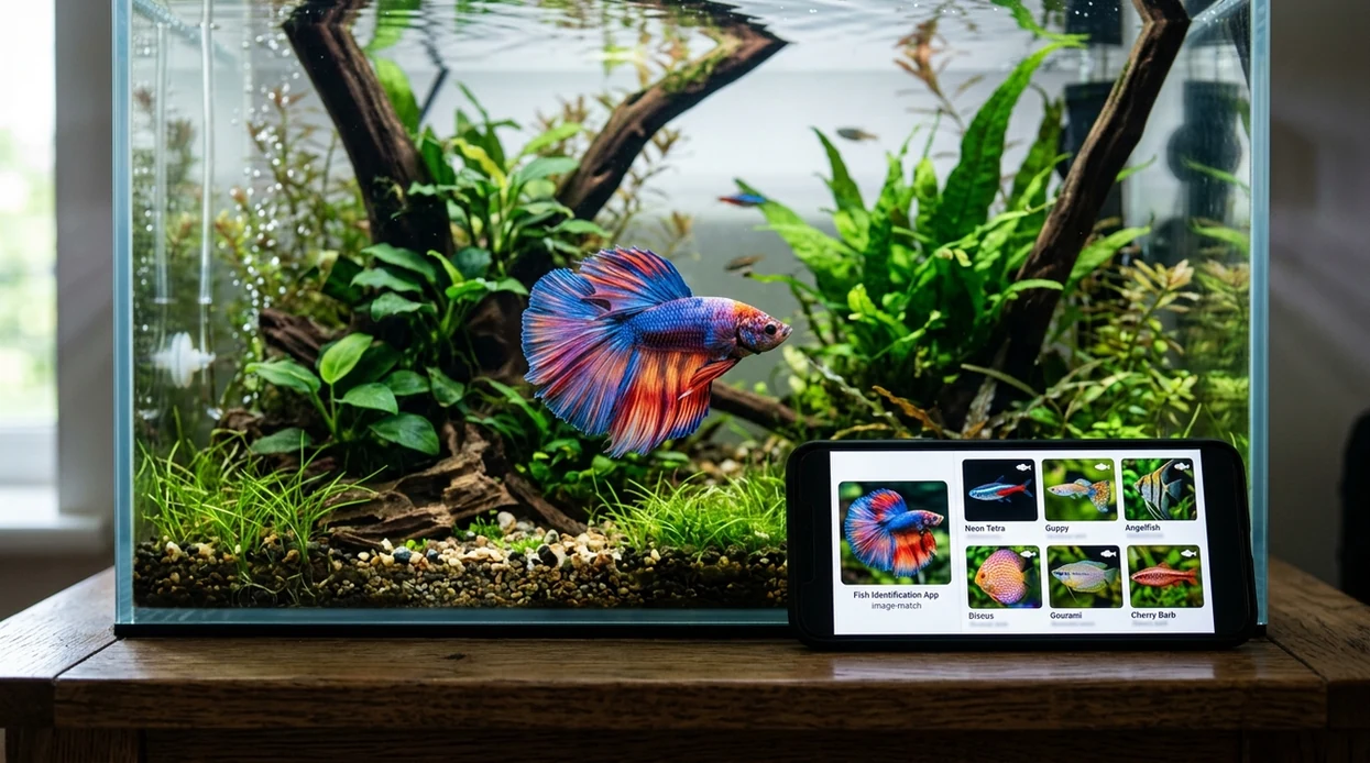 Phone showing fish scan results beside a freshwater aquarium