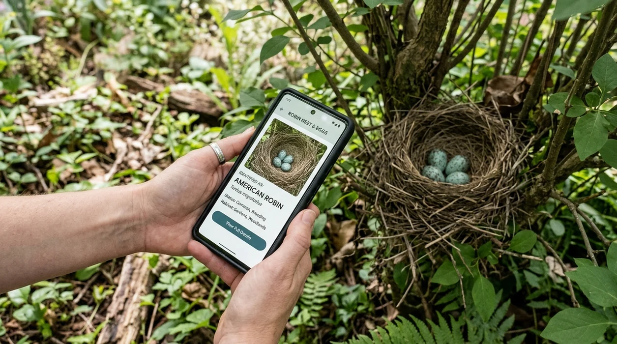 Bird egg identifier app scanning speckled eggs in a backyard nest