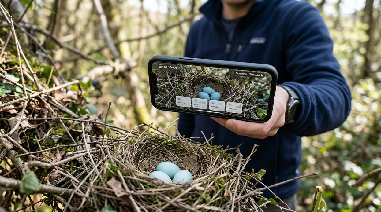 Phone checking a nest photo with blue bird eggs safely