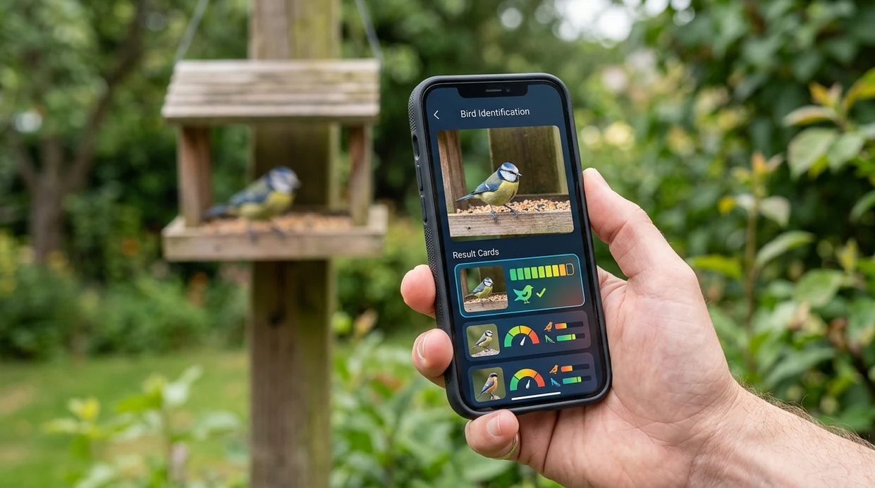 Phone scanning a backyard bird photo for a likely species match