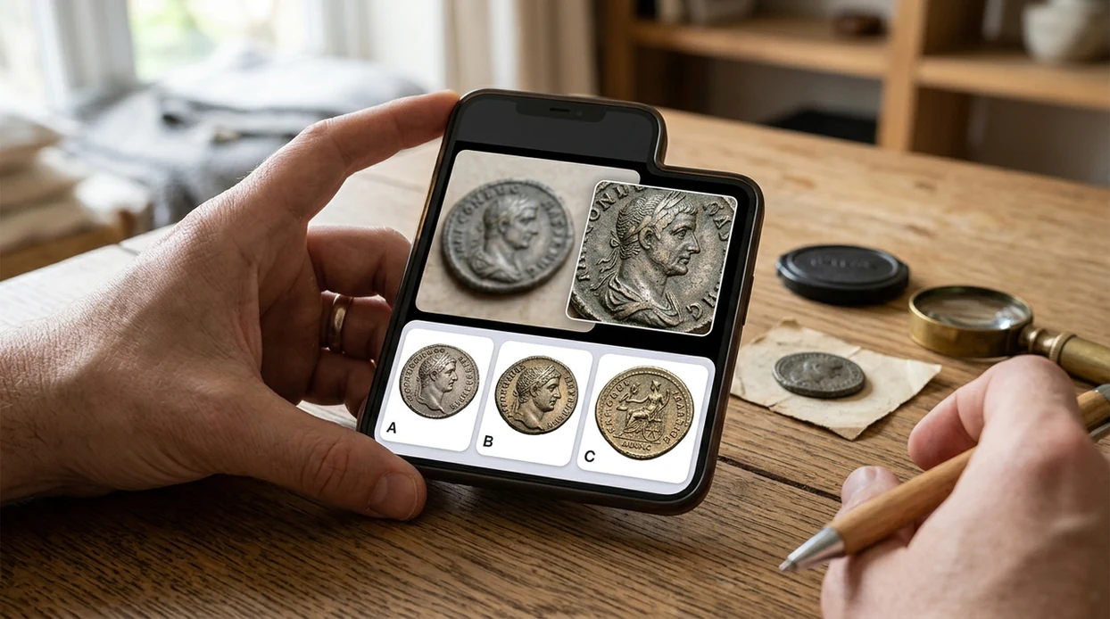 Blurry coin photo compared with clearer identification result