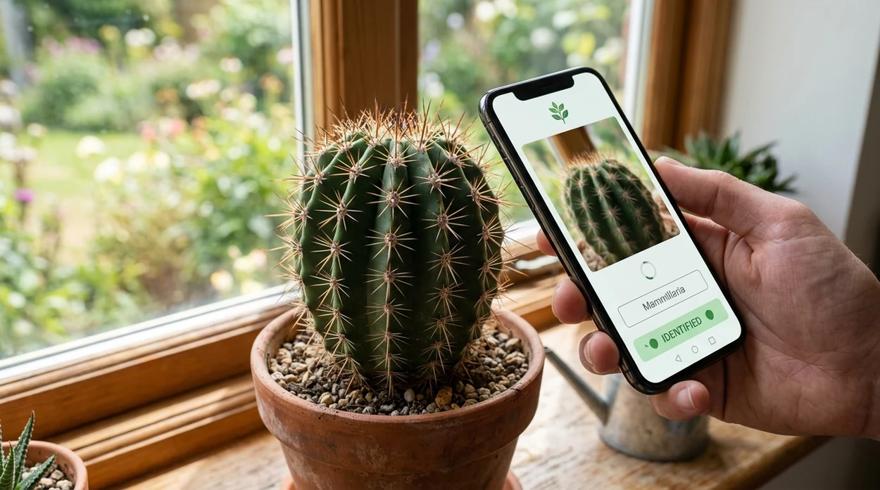 Cactus identifier scanning a potted cactus on a windowsill