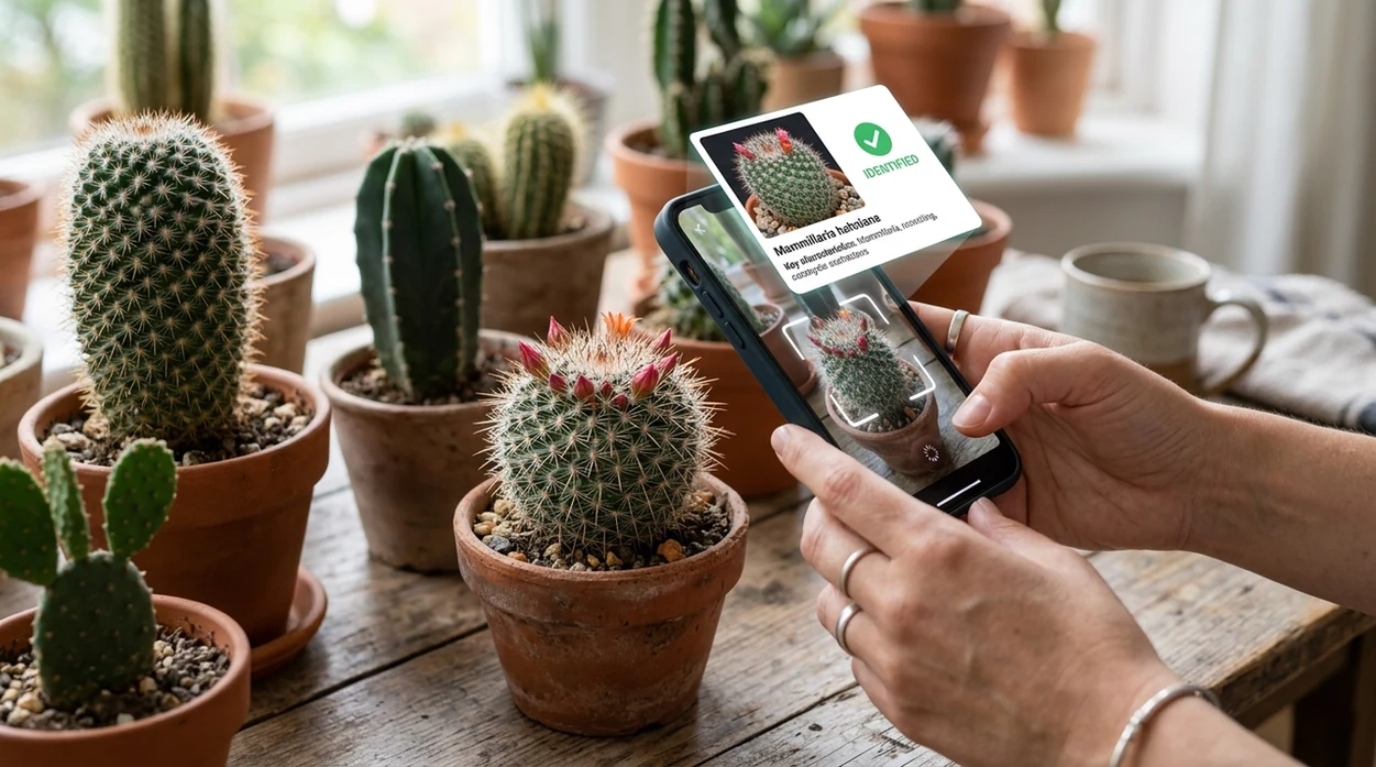 Phone scanner comparing cactus plants from a clear photo