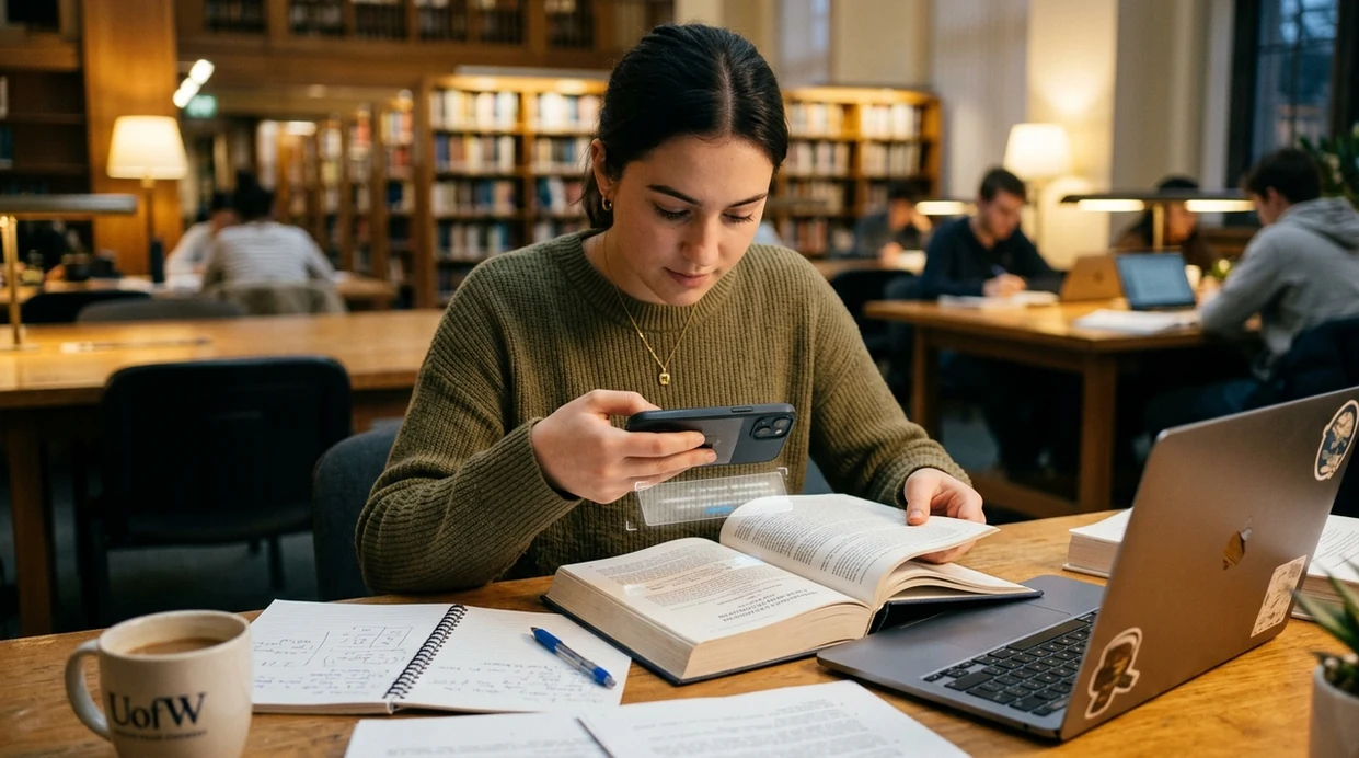 Camera translator for students scanning a textbook page in a library