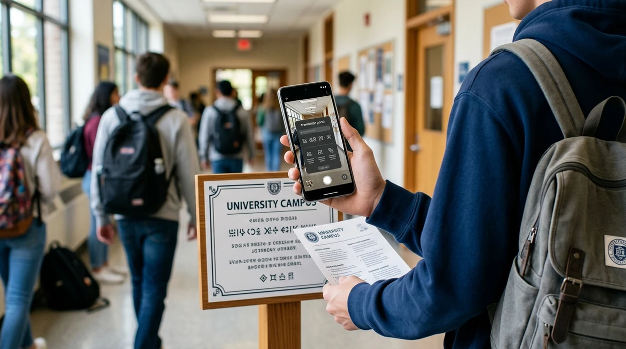 Student using a phone scanner to translate campus study materials