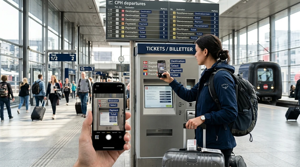 Travel translation app reading a train station ticket machine