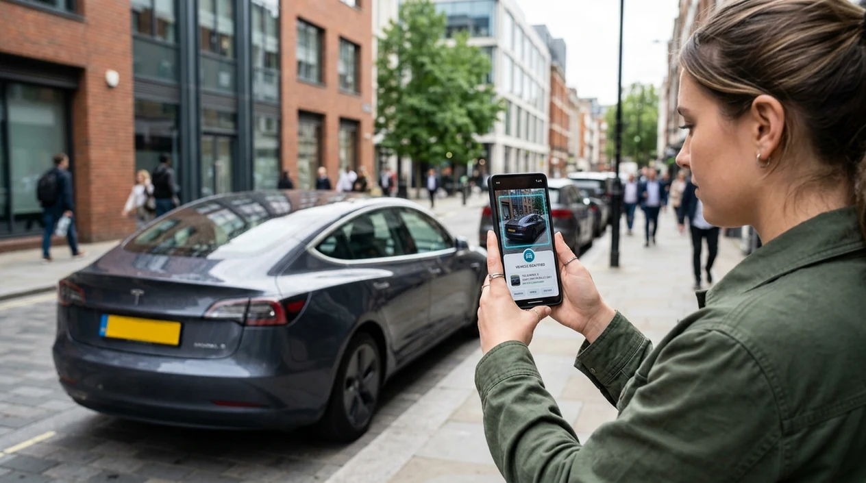 Car identifier app scanning a parked sedan from a smartphone