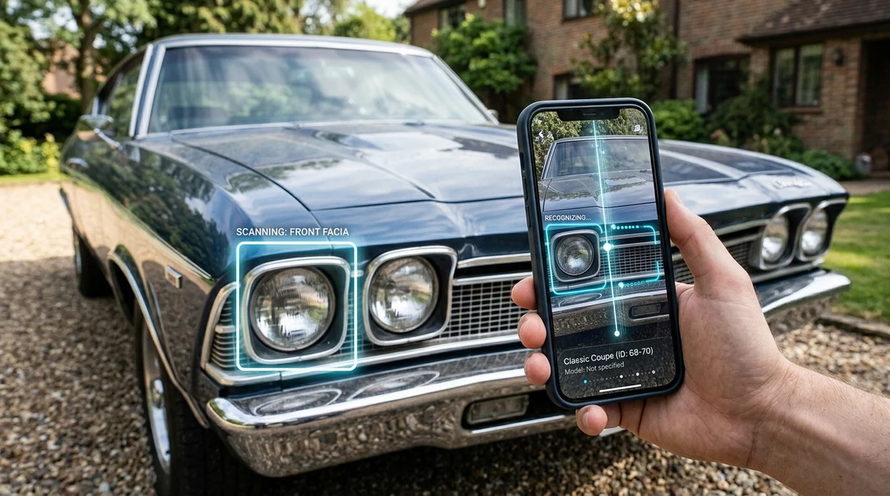 Vehicle photo scanner analyzing headlights and grille details
