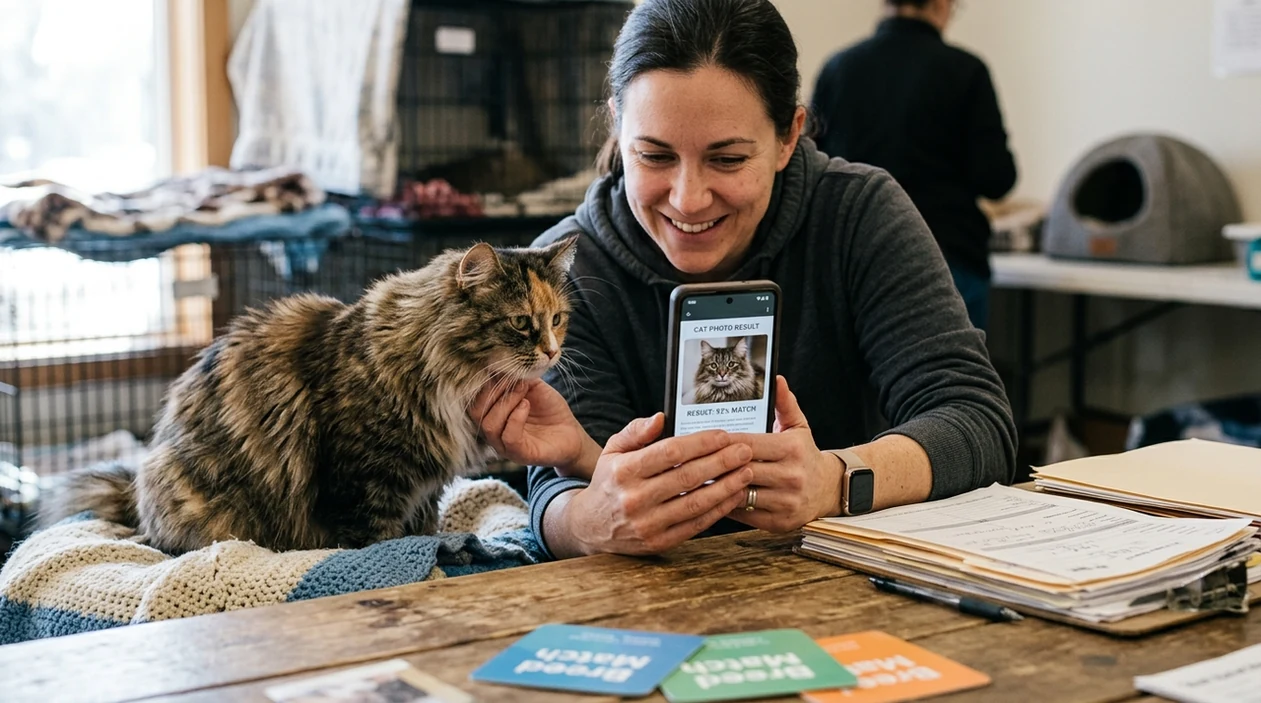 Volunteer scanning a rescue cat photo for breed traits