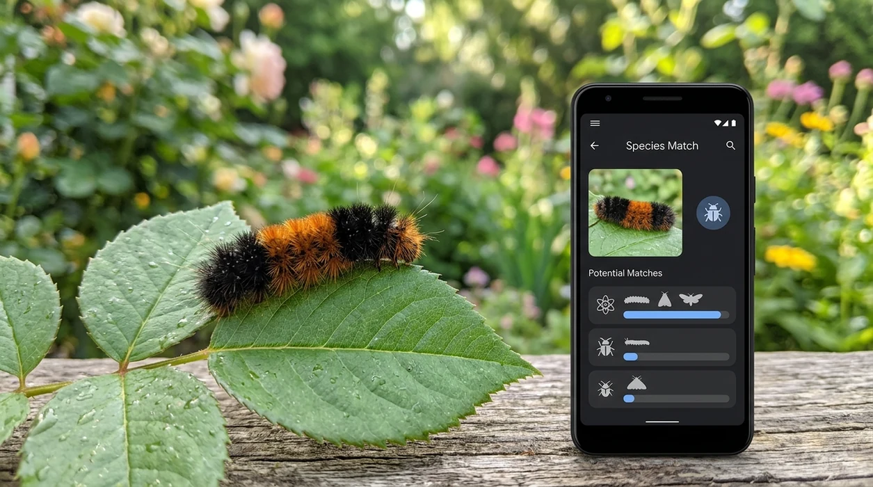 Mobile insect scanner showing a caterpillar match beside a rose leaf