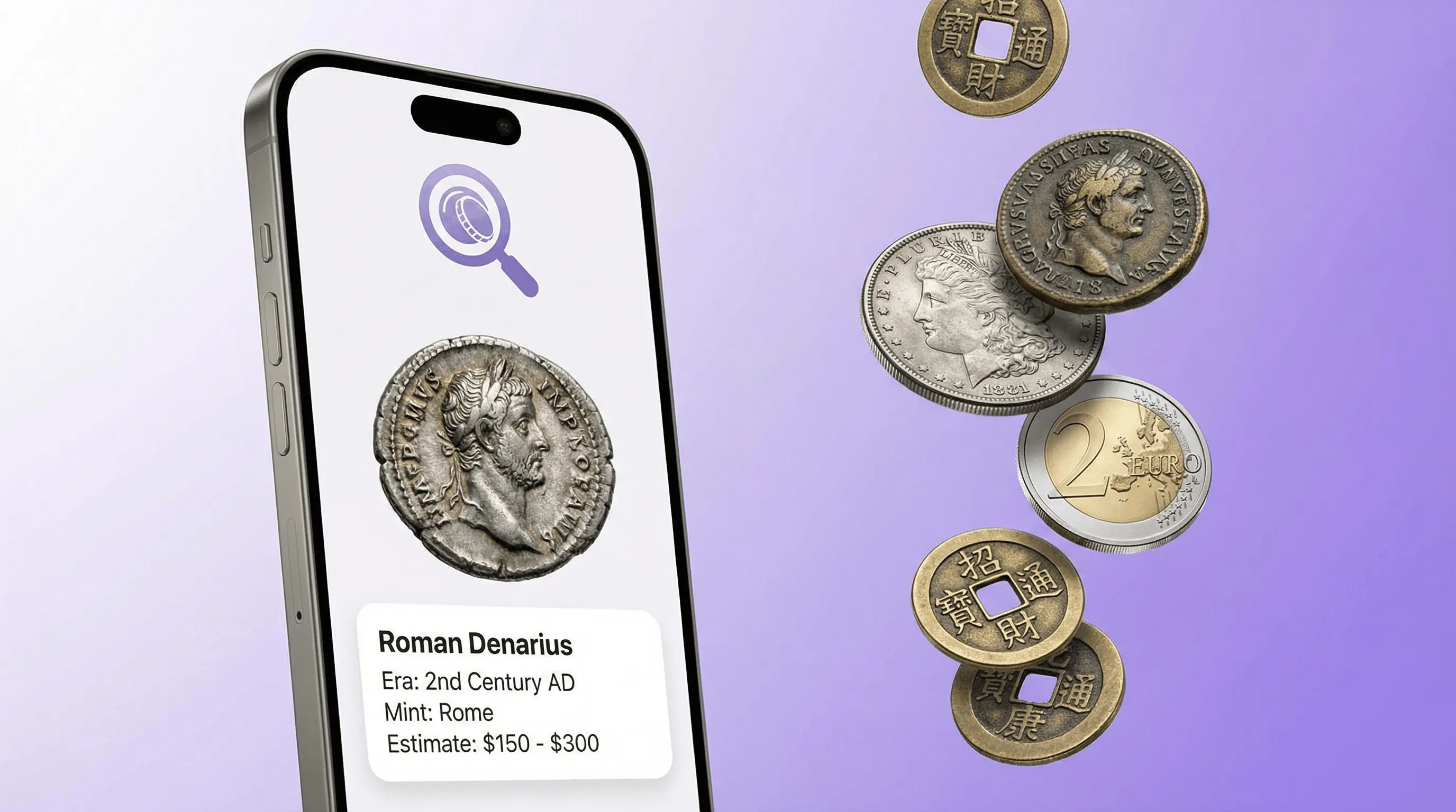 AI coin identifier app on iPhone scanning a coin and showing era, mint, denomination, and estimated value