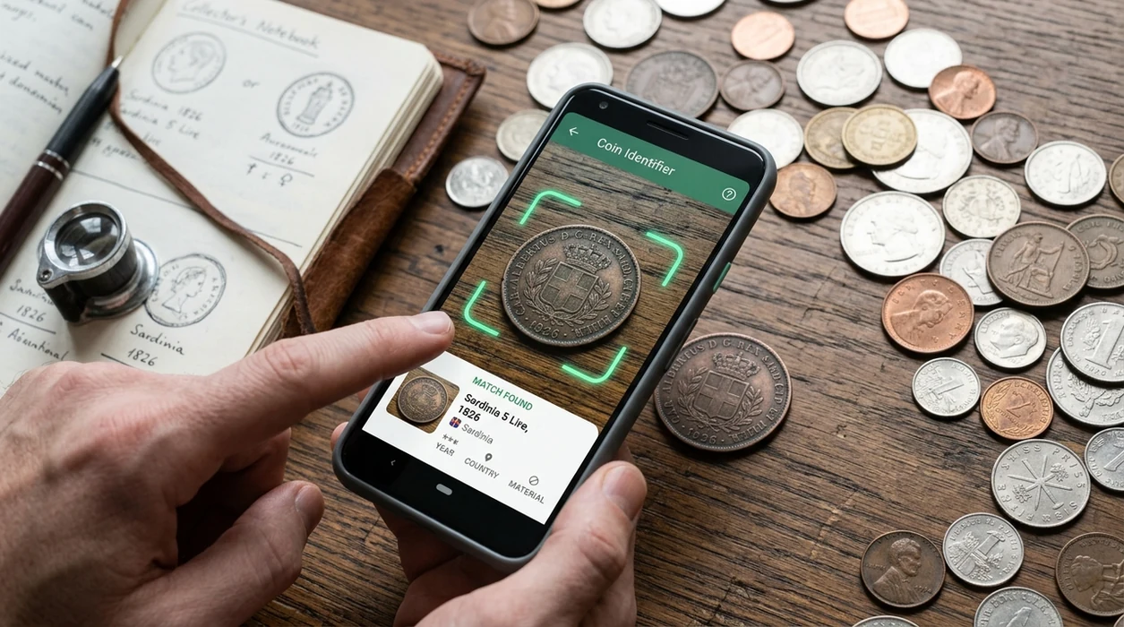 mobile coin scanner comparing mixed world coins from a collection