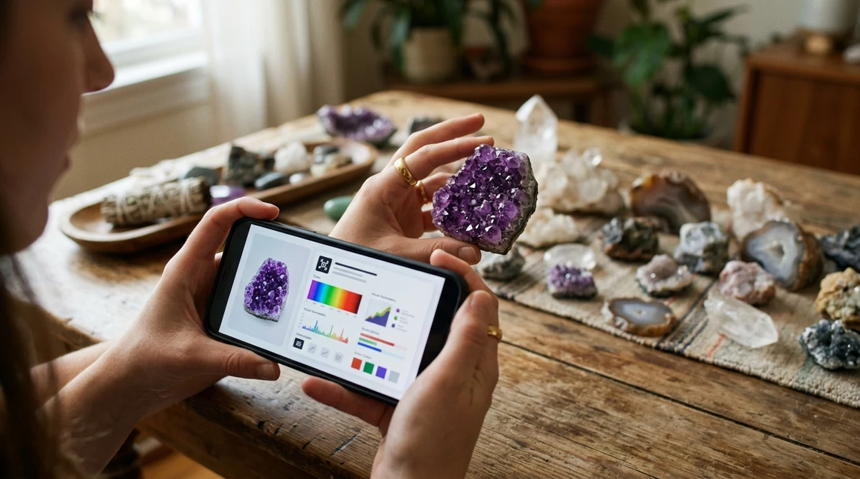 Crystal identifier scanning a purple stone with a mobile app