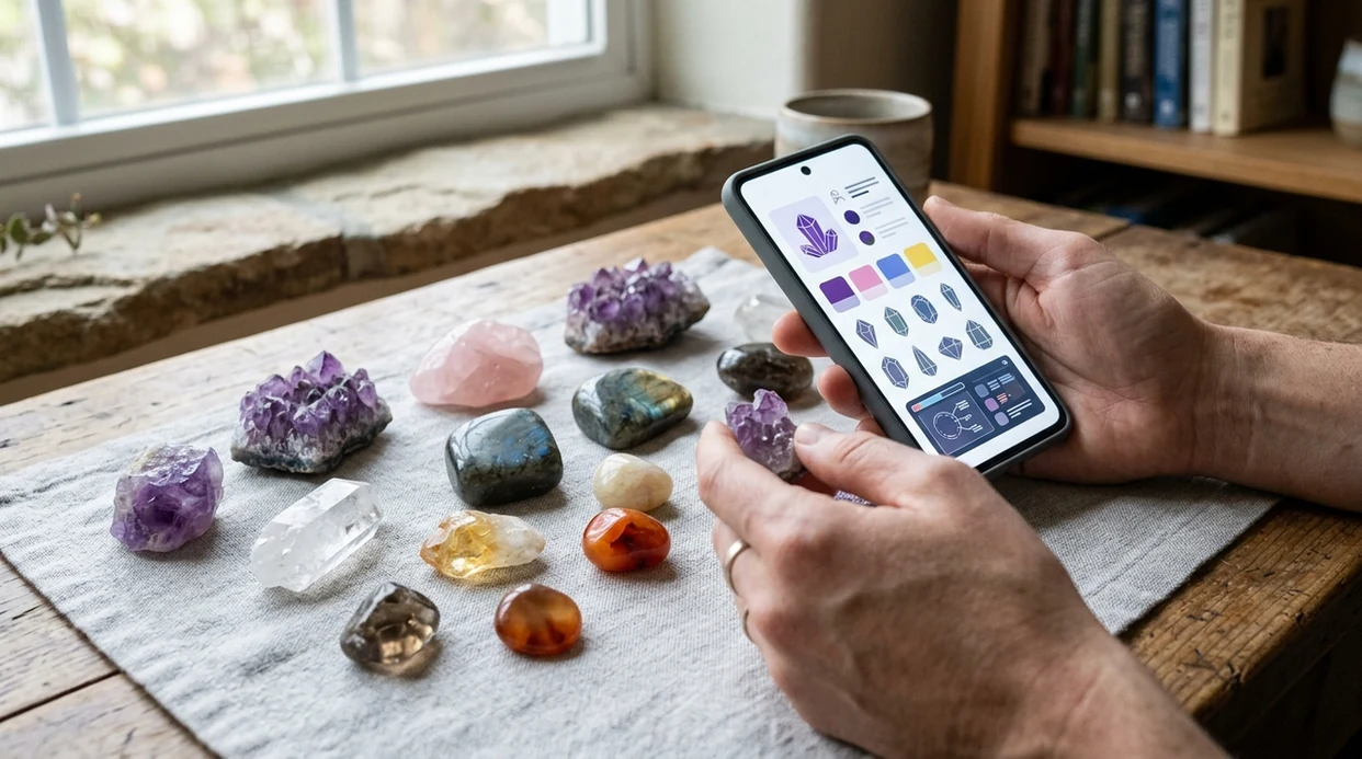 Phone showing visual crystal match beside raw and polished stones