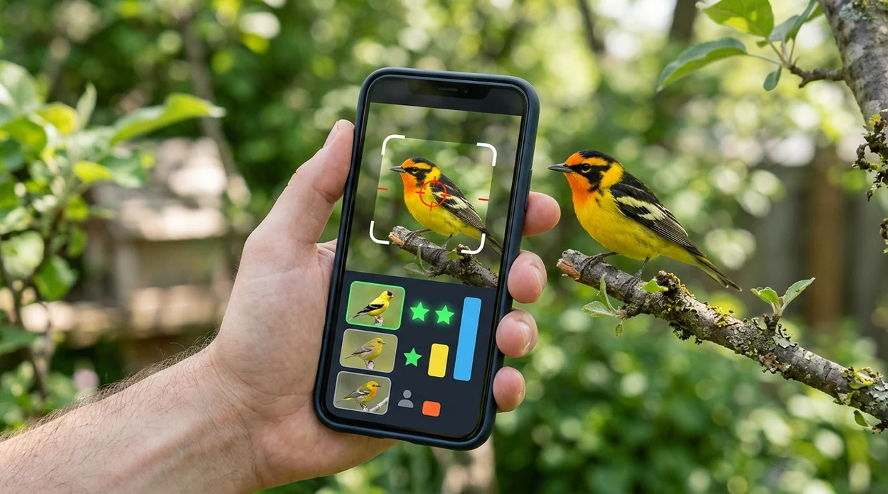 Phone scanner showing a visual match for a backyard bird