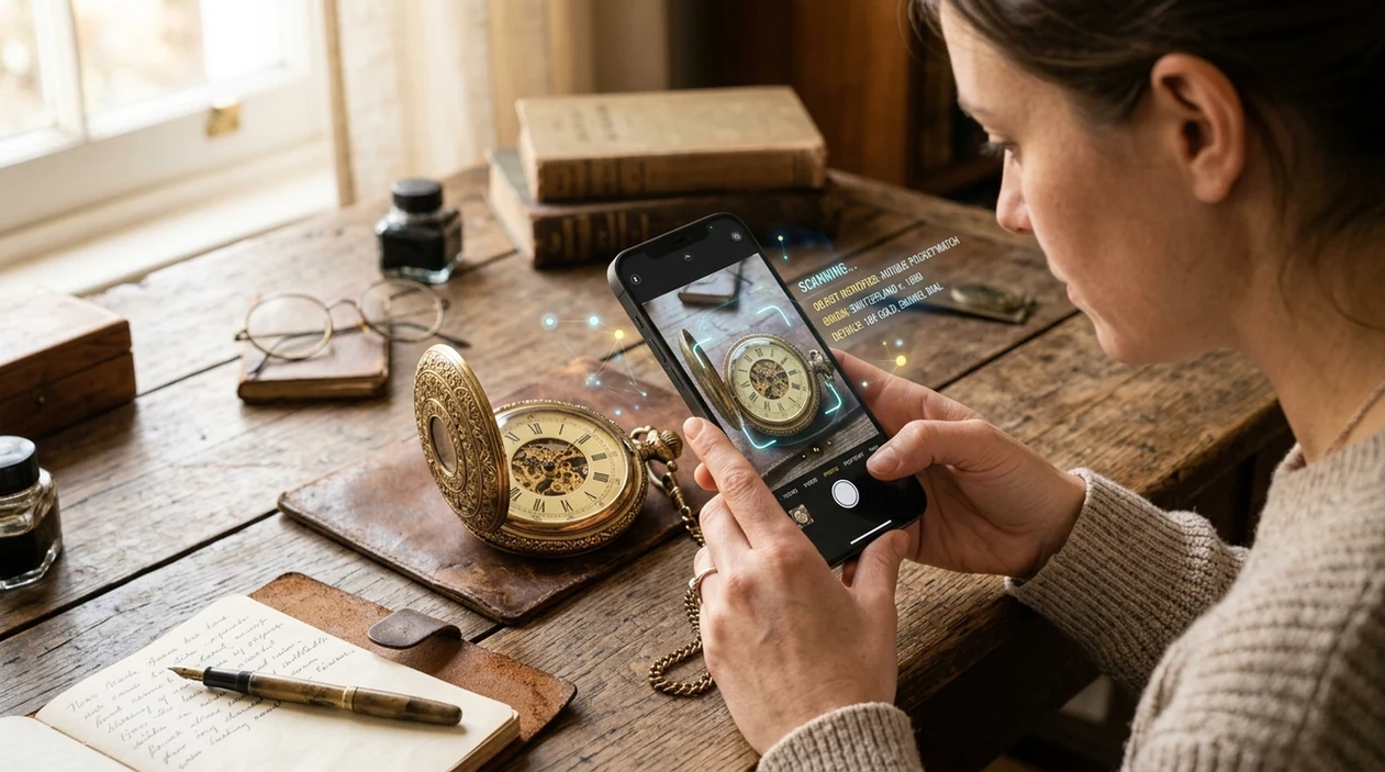 antique identifier app scanning an old pocket watch from a photo