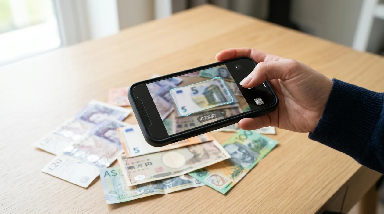 Banknote identifier app scanning foreign paper money on a desk