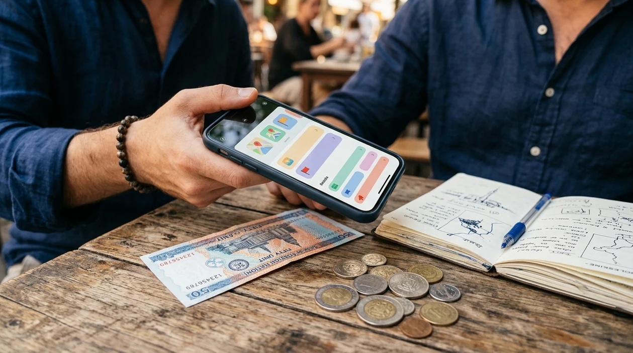 Phone scanner checking an unfamiliar foreign banknote for identification