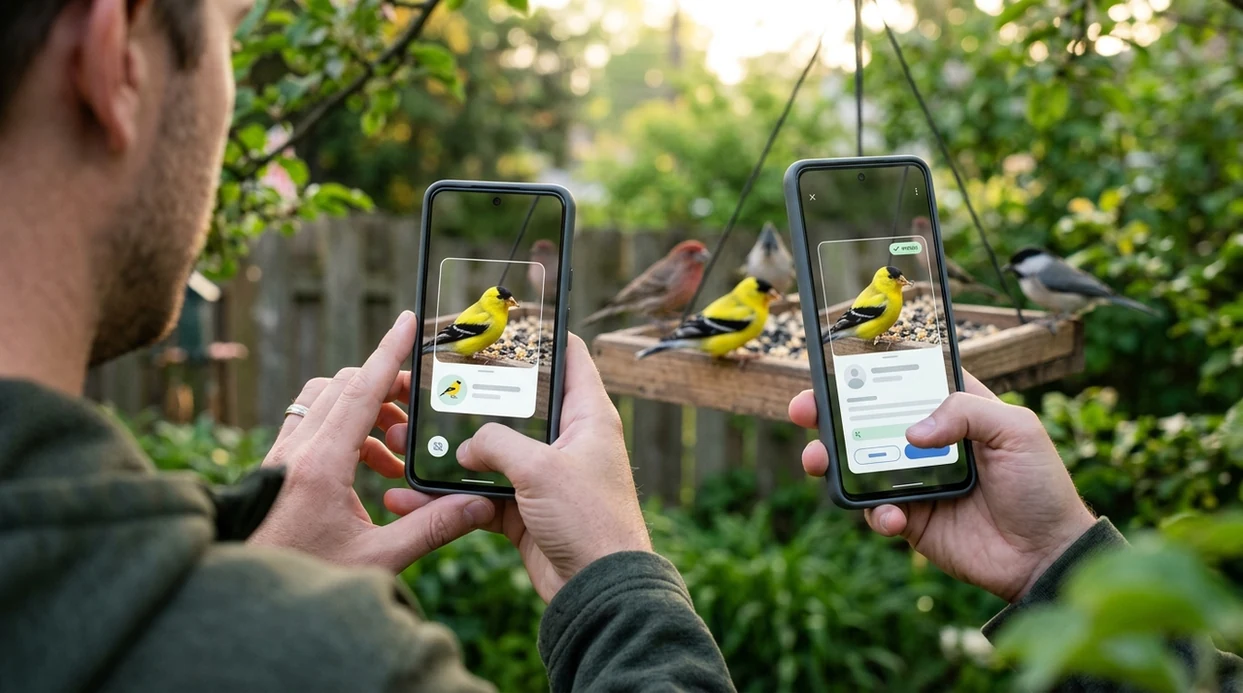 Bird identifier app scanning a songbird from a phone camera