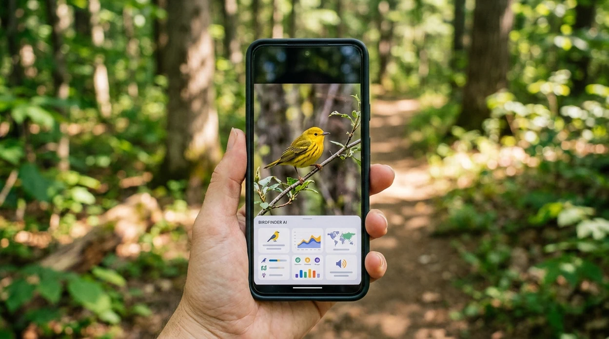 Phone showing a bird photo scan result beside binoculars