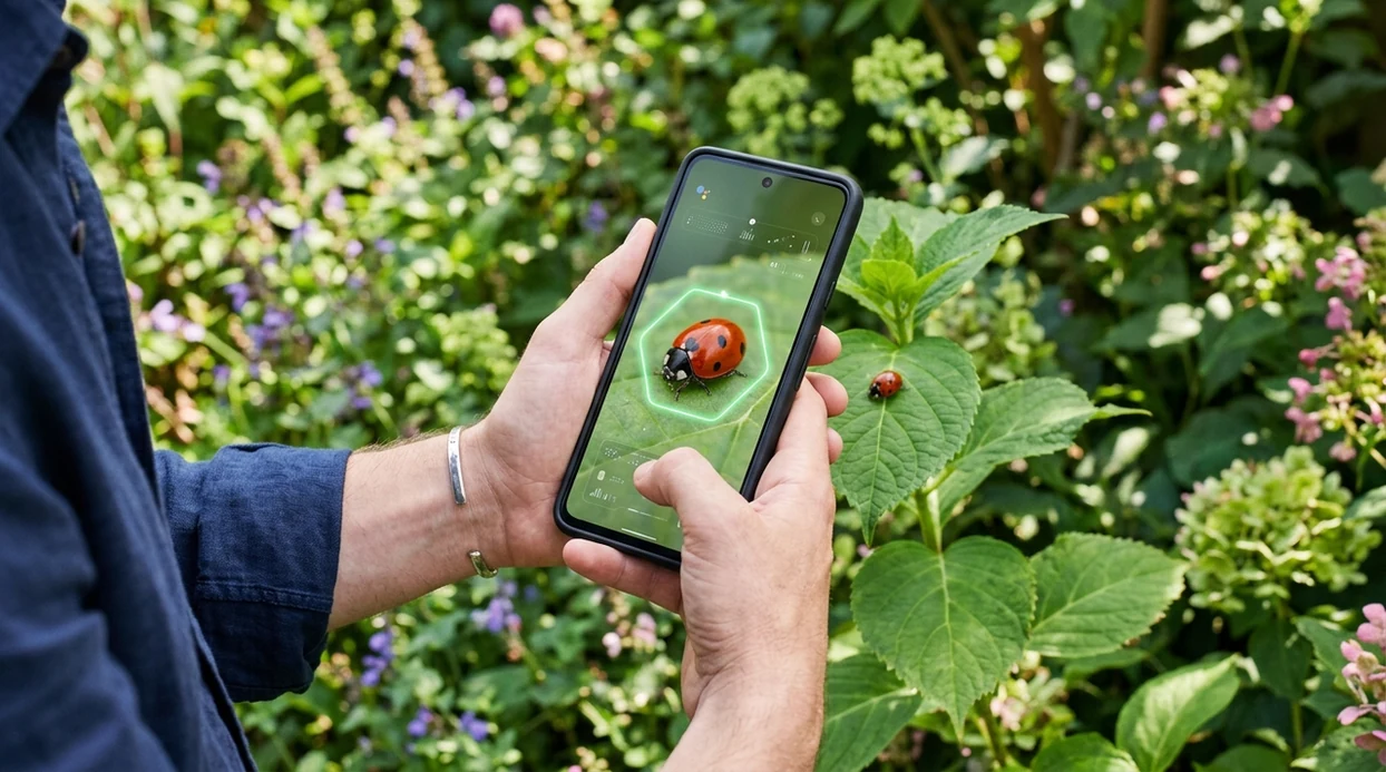 Bug identifier app scanning a beetle on a green leaf