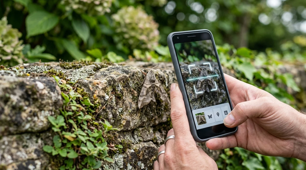Phone scanner identifying a moth from a close-up photo