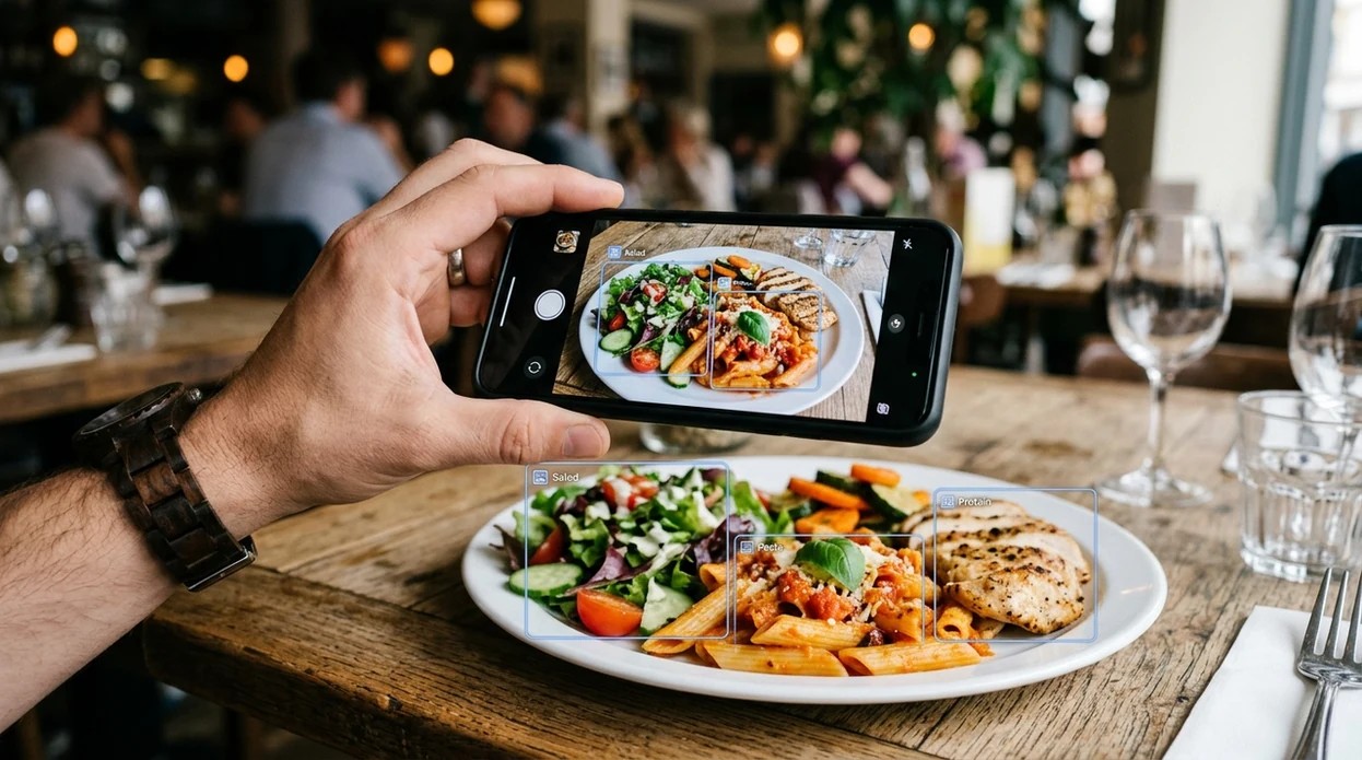 phone scanning a lunch bowl for food calorie estimates