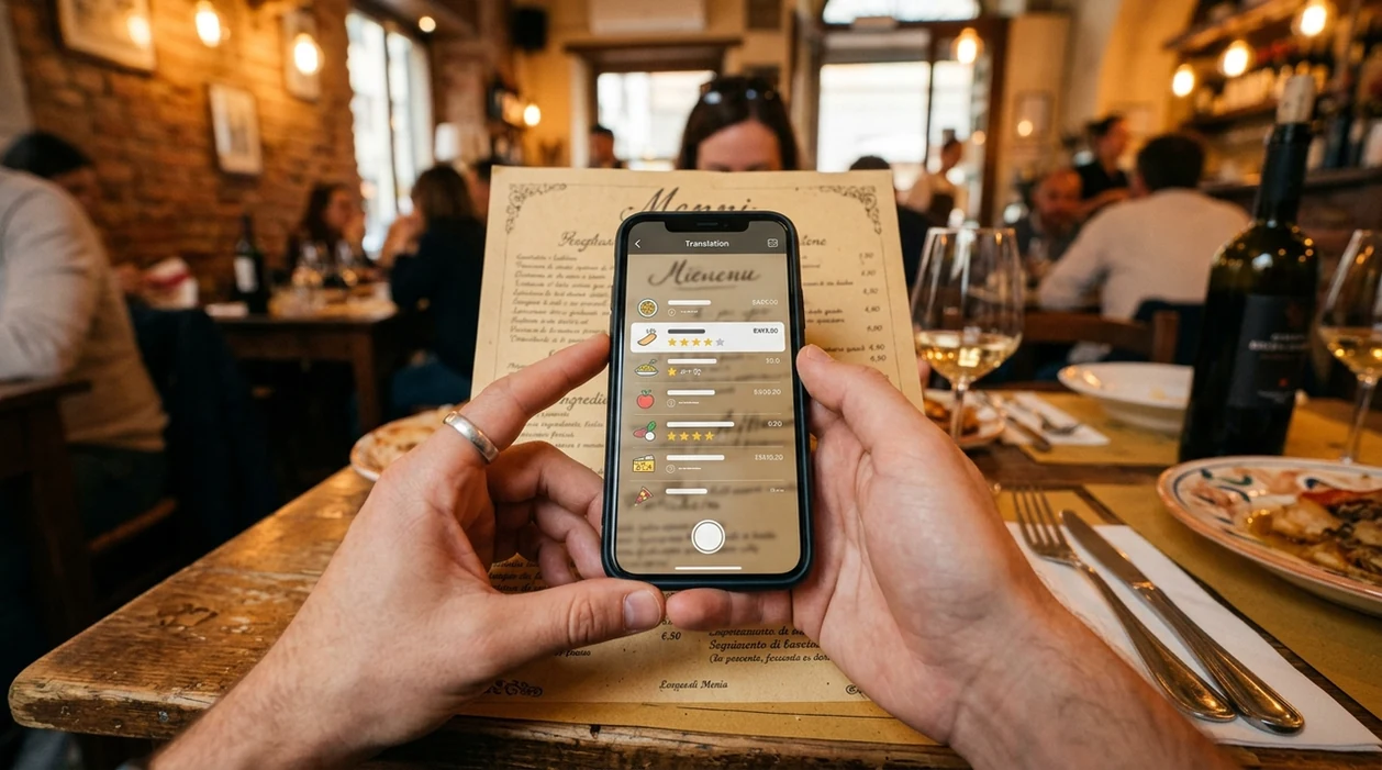 Camera translator app scanning a foreign menu on a smartphone