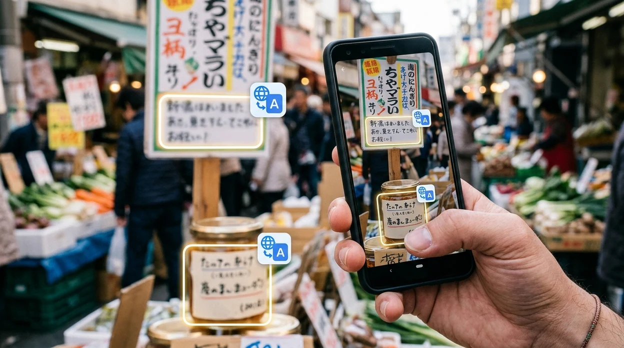 Phone camera translating signs and labels while traveling