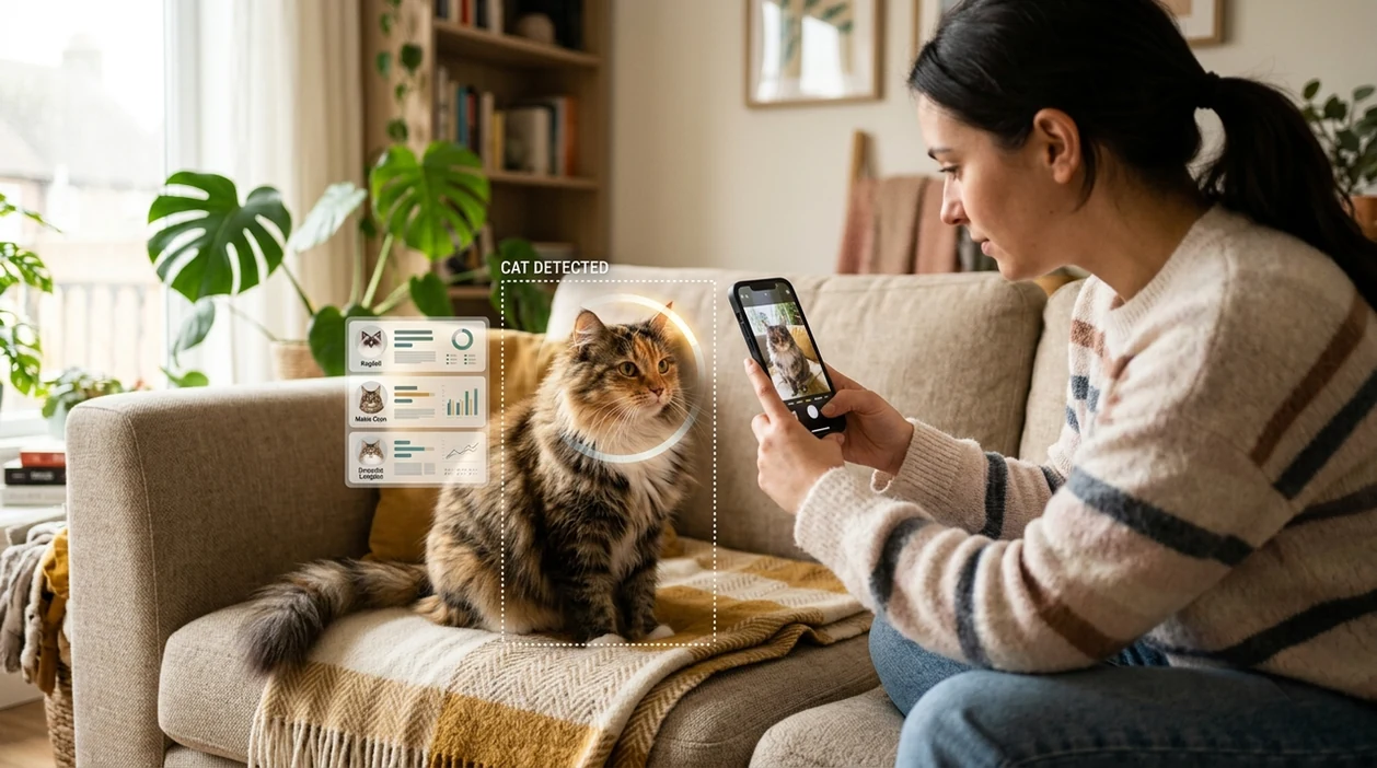 Cat breed identifier app scanning a long-haired cat from a phone