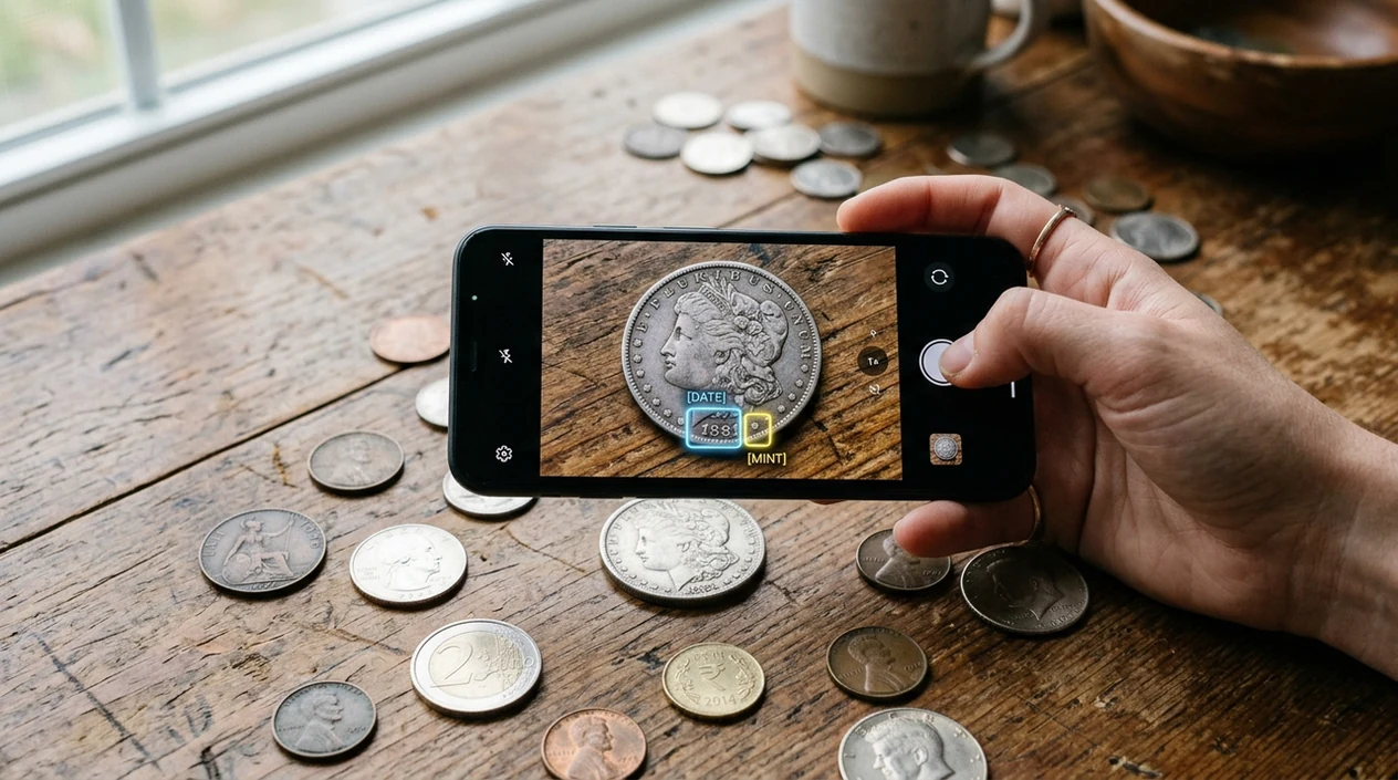 coin identifier app scanning an old silver coin on a phone
