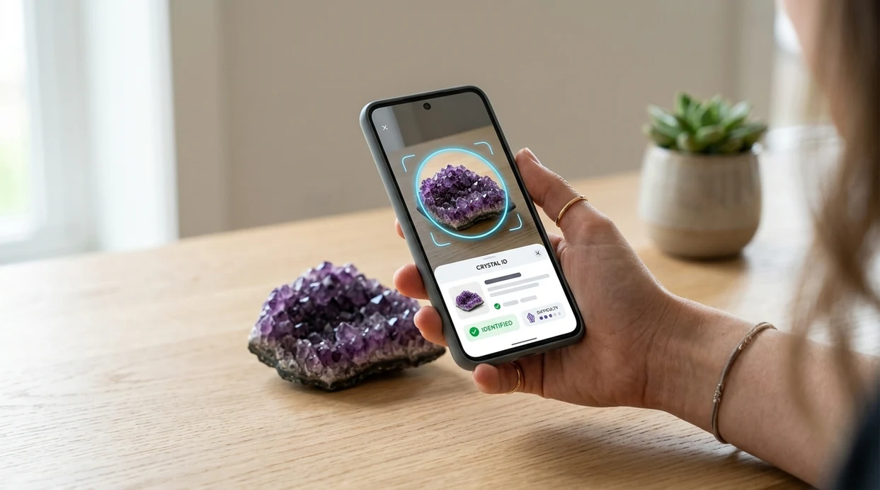 Crystal identifier app scanning amethyst and quartz on a table