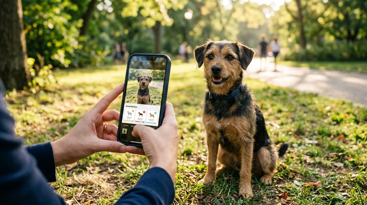 Dog breed identifier app scanning a mixed breed dog outdoors