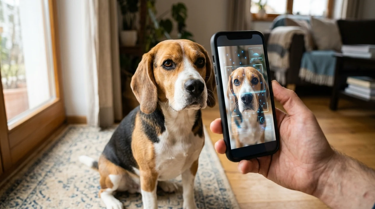Mobile dog scanner showing likely breed matches on a phone