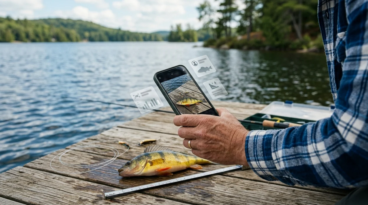 fish identifier app scanning a colorful aquarium fish on a phone