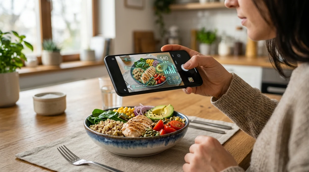 Food scanner app identifying a lunch plate on a smartphone