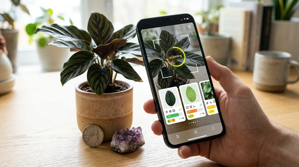 Phone scanner showing visual search results for plant and objects